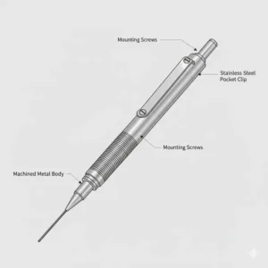 Close-up of the heavy-duty stainless steel pocket clip on a minimalist machined pencil.