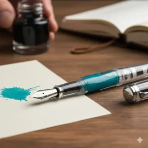 A TWSBI Diamond 580 demonstrator pen, a popular choice among top fountain pen brands for its large ink capacity.