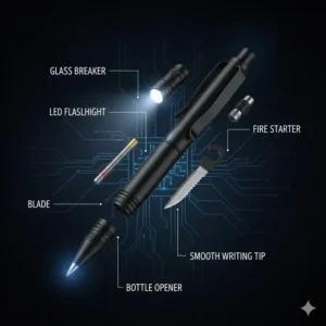An exploded view illustrating the additional features of the best tactical pen, such as a bottle opener or integrated flashlight.