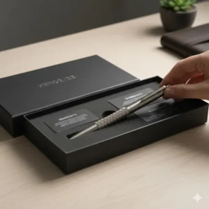 An image of the elegant, minimalist presentation box that holds the new machined pen, suggesting it as the perfect gift for an enthusiast.
