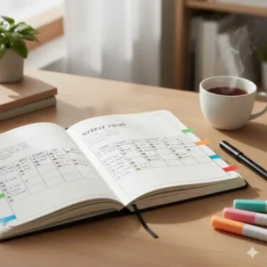 A bullet journal spread designed to track progress and assignments for different academic notebook subject courses.