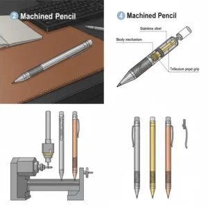 A technical drawing demonstrating the long-lasting durability and solid build of a machined pencil.