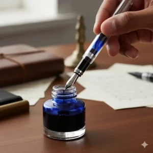 A hand demonstrating the process of filling a fountain pen converter with bottled ink, essential for using the best writing instruments from top fountain pen brands.