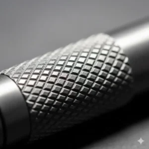 Detailed shot of the knurled anti-slip grip on a tactical titanium pencil body.