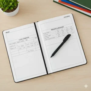 The helpful class schedule grid printed inside the front cover of a mead five star composition notebook.