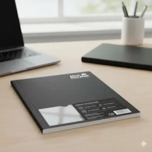 The reinforced back cover and logo detail of a mead five star composition notebook wide ruled shown from a back perspective.