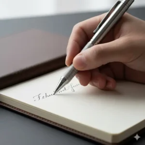 A hand holding and actively using one of the best machined pens to write on paper, demonstrating its ergonomic form factor and quality.