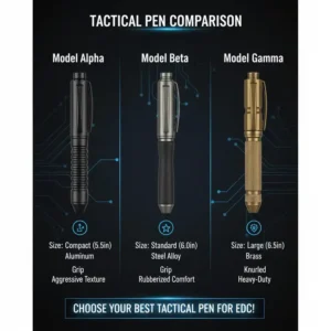 A side-by-side view of three models showing differences in size and material for the best tactical pen comparison.
