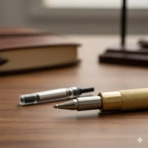 A close-up of the pen's writing tip, focusing on the tip tolerance and showing how the machined pen is designed to accept universal or standard ink refills.