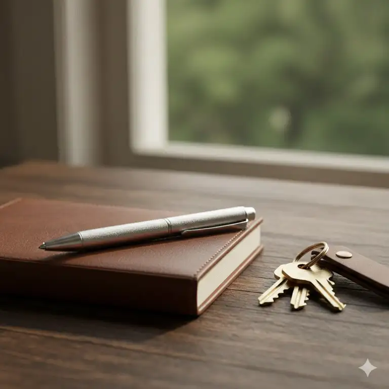 A premium metallic mini pen resting on a leather notebook next to keys.