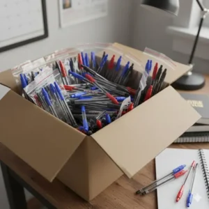 A large pack of the best cheap pens in ballpoint style stored in a cardboard box for office use.