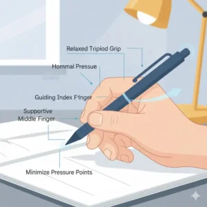 An ergonomic diagram showing how to hold the best writing pen for students to ensure comfort during long exams.