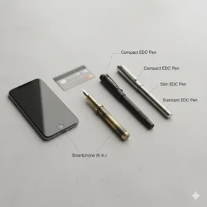 A size comparison of various edc fountain pen designs against a standard smartphone and credit card.