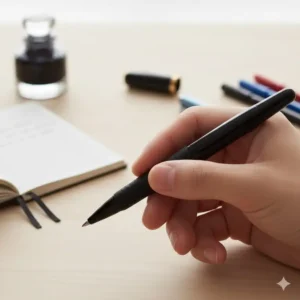 Close-up of a comfortable rubberized grip on ergonomic handwriting pens to prevent finger fatigue.