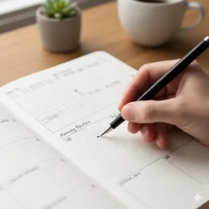 A close-up of professional fine liner good pens for journaling creating precise black lines on a bullet journal page.