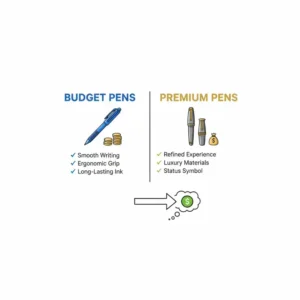 A side-by-side comparison chart showing the performance features of budget pens versus luxury expensive pens.