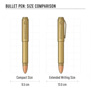 A detailed size comparison showing the compact and extended length of bullet pens.