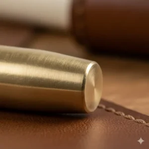 Macro close-up showing the metallic grain and brushed finish of a solid brass pen.