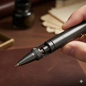 Detailed close-up of the smooth sliding mechanism on a bolt action rifle pen.