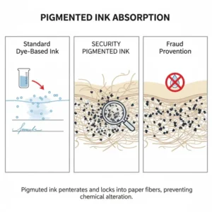 Diagram showing how the best pen for check writing uses pigmented ink to soak into paper fibers.