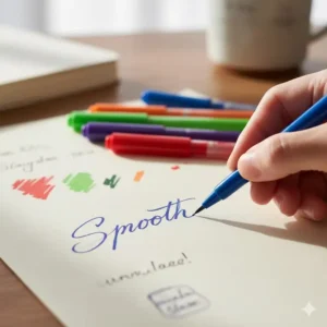 Someone writing smoothly with the best cheap pens in gel ink showing vibrant colors on paper.