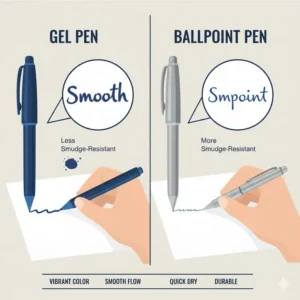 A comparison chart of gel and ballpoint ink performance to find the best writing pen for students.