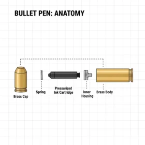 An exploded view diagram revealing the durable internal components of bullet pens.