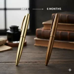 Side-by-side comparison of a new and an aged brass pen showing natural patina.