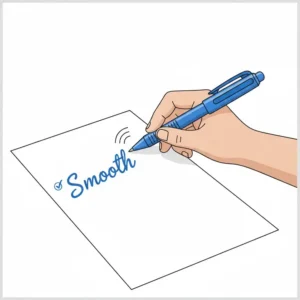 Close-up illustration of budget pens writing a smooth and continuous blue ink line on white paper.