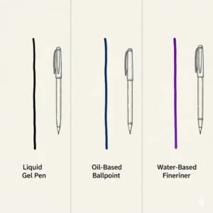 Side-by-side comparison of ink strokes from oil-based ballpoint, liquid gel, and water-based handwriting pens.