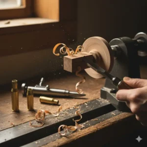 A craftsman shaping a custom wood blank to be used with bolt action rifle pen kits.