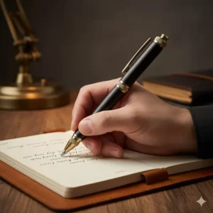 A person using a heavy-duty bolt action rifle pen to write in a professional journal.