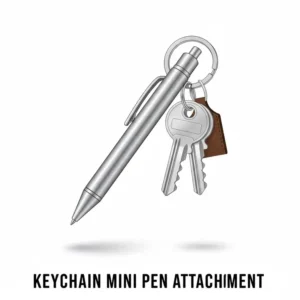 A silver mini pen attached to a stainless steel keychain for easy carrying.