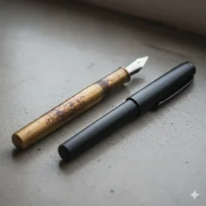 Comparison of brass and anodized aluminum edc fountain pen finishes showing natural patina.