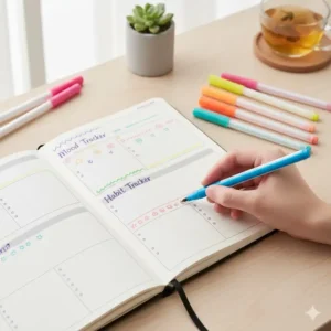 A set of vibrant and colorful gel-based good pens for journaling neatly organized for creative art journaling.