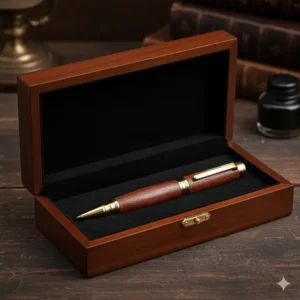 Premium bolt action rifle pen presented in an elegant wooden gift box with velvet lining.