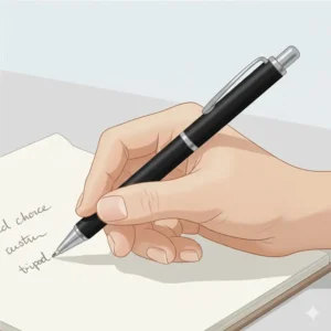 An illustration showing the correct tripod grip for holding handwriting pens to improve cursive legibility.