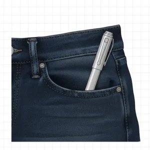 A close-up graphic showing how easily bullet pens fit into a small denim pocket.