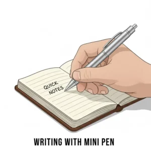 Close up of a person writing in a small journal using a slim mini pen.