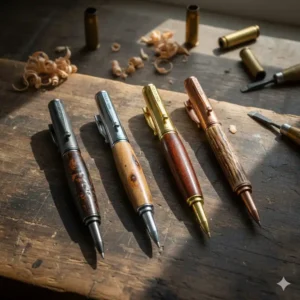 Comparison showing various plating options like gold and gunmetal for bolt action rifle pen kits.