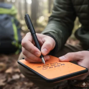 A writing sample using an extra-fine nib edc fountain pen on waterproof pocket notebook paper.