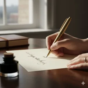 A hand holding and writing on textured paper with a balanced professional brass pen.