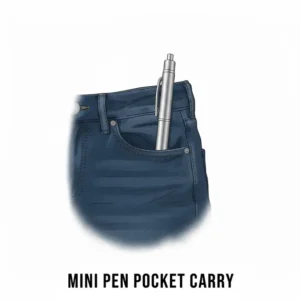 A small mini pen tucked into the coin pocket of denim jeans for EDC.