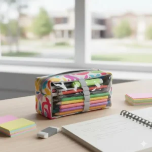 A colorful pencil case filled with the best cheap pens for students and school supplies.