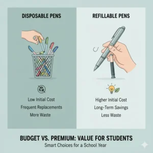 An infographic comparing disposable and refillable models to determine the best writing pen for students on a budget.