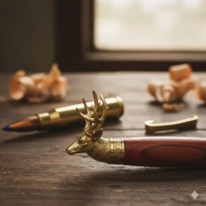 The decorative deer head pocket clip detail that distinguishes these bolt action rifle pen kits.