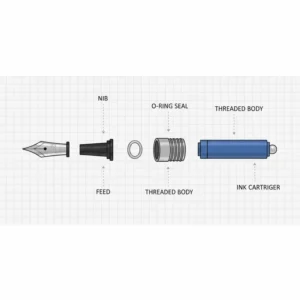 Exploded view diagram showing the nib, feed, O-ring seal, and cartridge of an edc fountain pen.