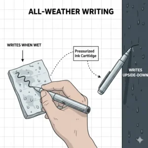 An artistic representation of bullet pens writing reliably in rain and extreme weather conditions.