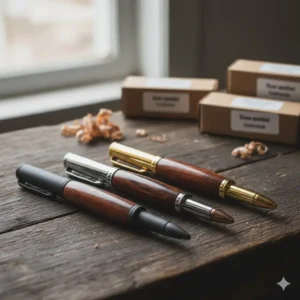 A collection of a bolt action pen kit in gold, chrome, and gunmetal finishes.