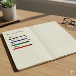A paper quality test showing various good pens for journaling with zero ink bleed-through on the back of the page.